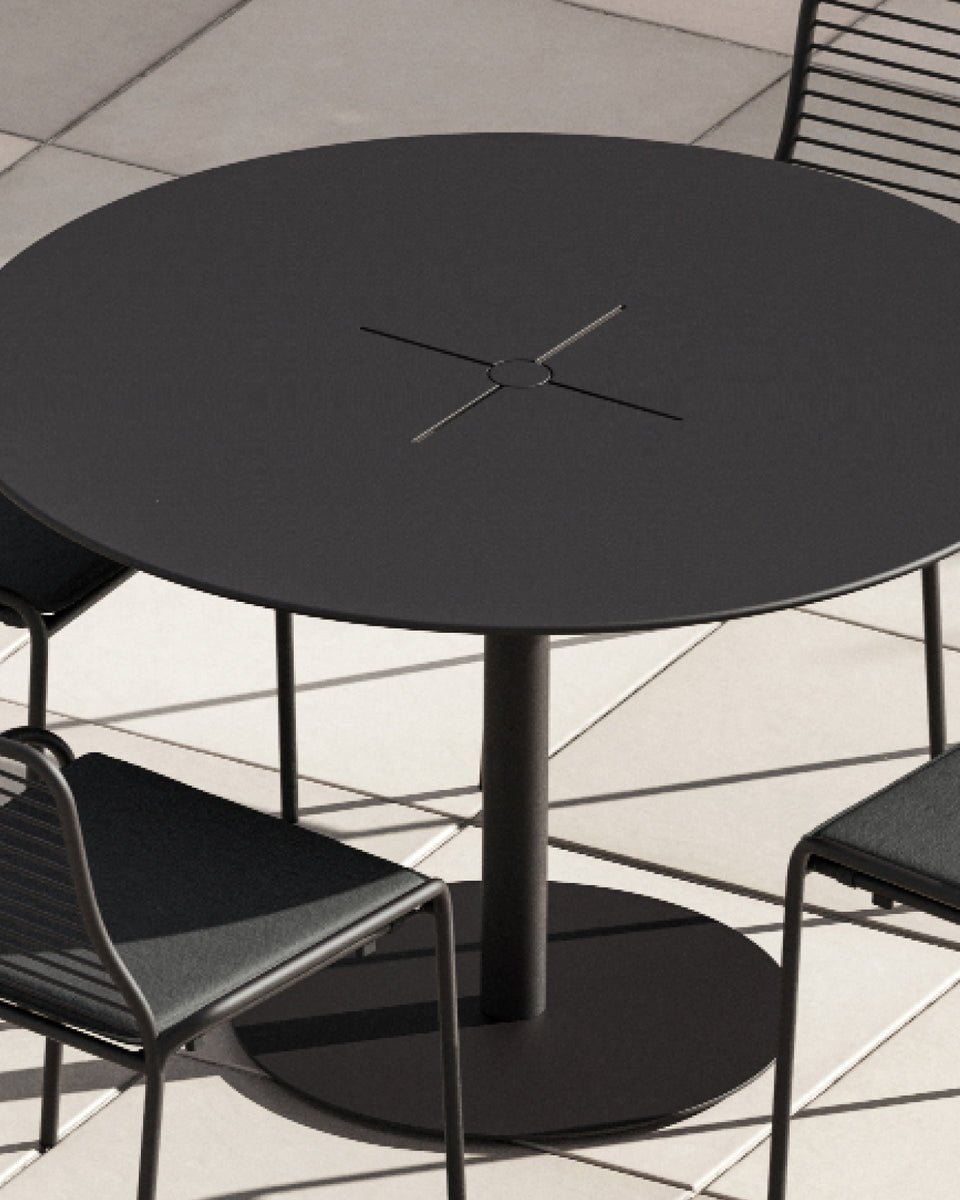 Neighbor black round outdoor table with umbrella stand