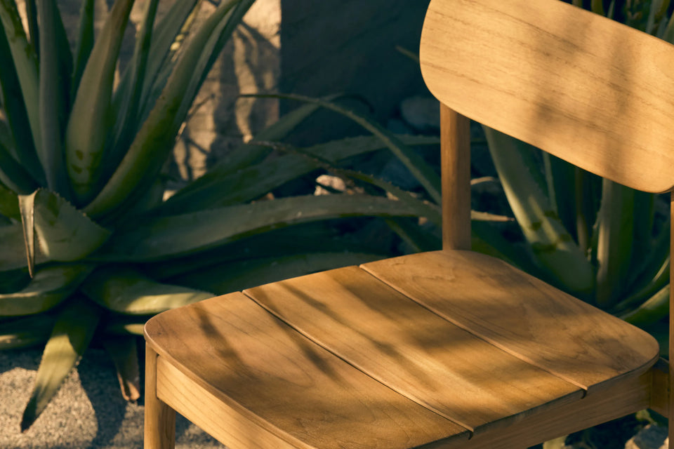 Neighbor Keeper Dining Chair in natural teak on sandy outdoor surface surrounded by desert succulents in golden light