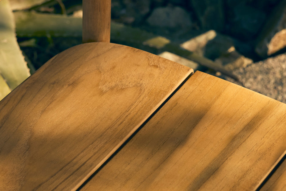 Closeup of Neighbor Keeper Dining Chair teak seat slats in raking golden light with agave plants behind