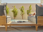 Neighbor Bluff Sectional with in-line table separating two seating areas, modern courtyard setting