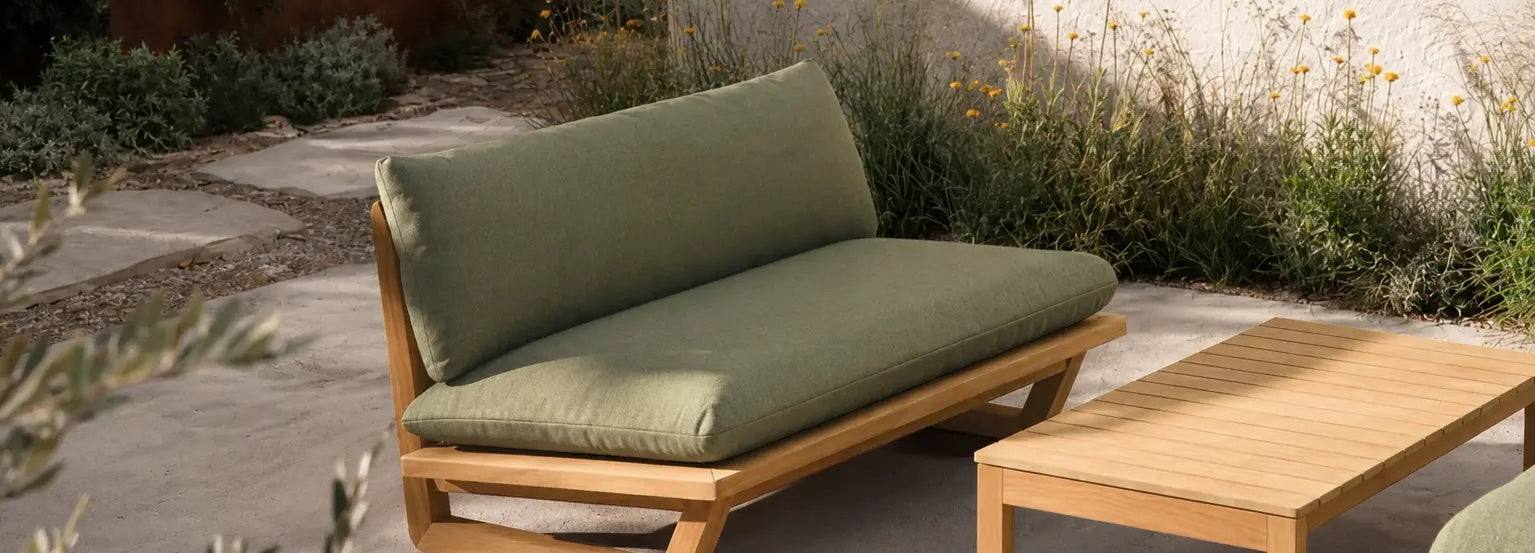 Dweller Outdoor Settee - Sunbrella Heritage Leaf, alternate view