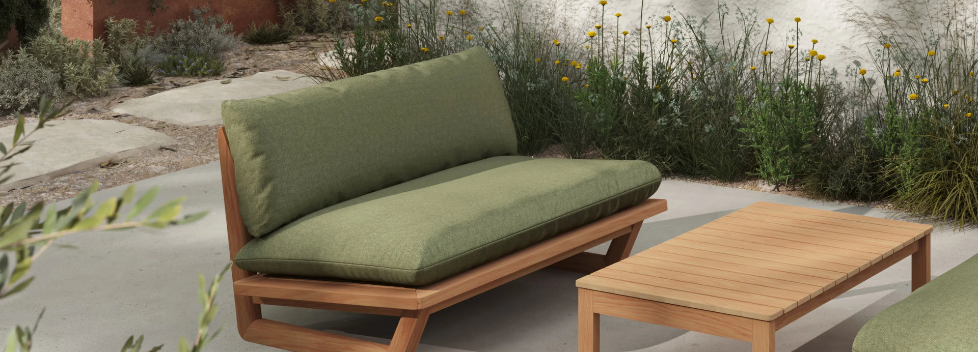 Dweller Outdoor Settee - Sunbrella Heritage Leaf, alternate view