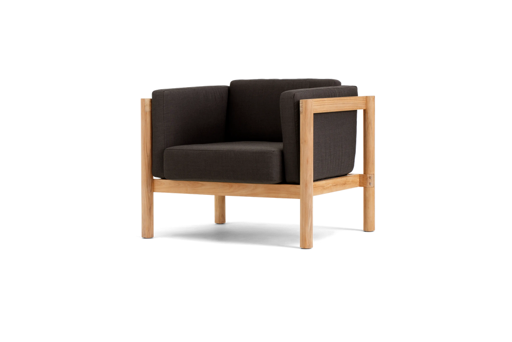 Haven Chair, with cushion arms, in Coal, three-quarter view