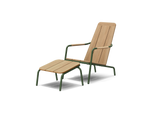 Three-quarter view of Neighbor Hopper Chair and Ottoman with natural wood slats and olive green aluminum frame
