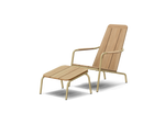 Three-quarter view of Neighbor Hopper Chair and Ottoman in sand finish with natural wood slats and tan aluminum frame