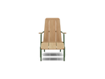 Front view of Neighbor Hopper Chair with natural wood backrest and seat with olive green aluminum frame