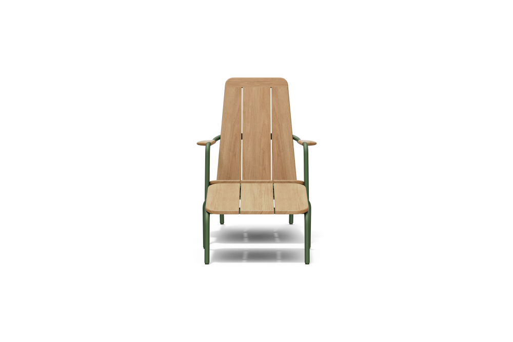 Front view of Neighbor Hopper Chair with natural wood backrest and seat with olive green aluminum frame