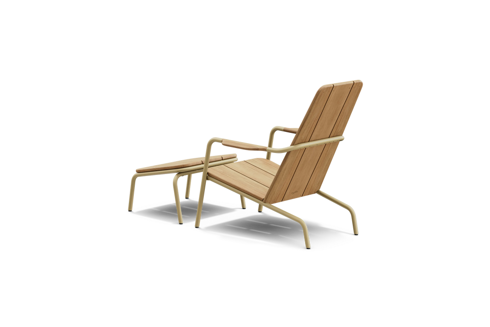 Rear three-quarter view of Neighbor Hopper Chair and Ottoman in sand finish showing backrest and frame construction