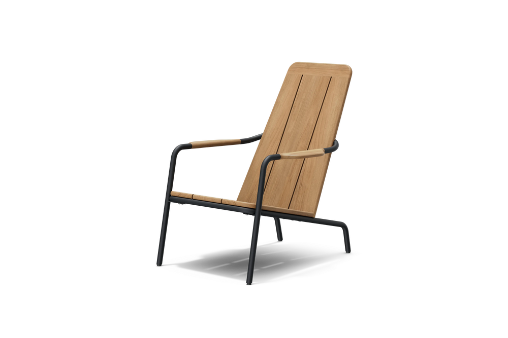 Neighbor Hopper Chair in charcoal black metal frame with natural wood seat, three-quarter angle view