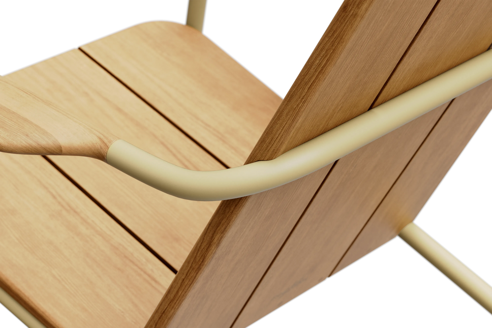 Close-up detail of Neighbor Hopper Chair seat and armrest showing wood slat construction and curved aluminum armrest profile