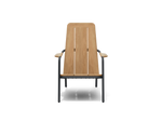Neighbor Hopper Chair in charcoal finish with natural wood seat, front view with black metal frame on black background