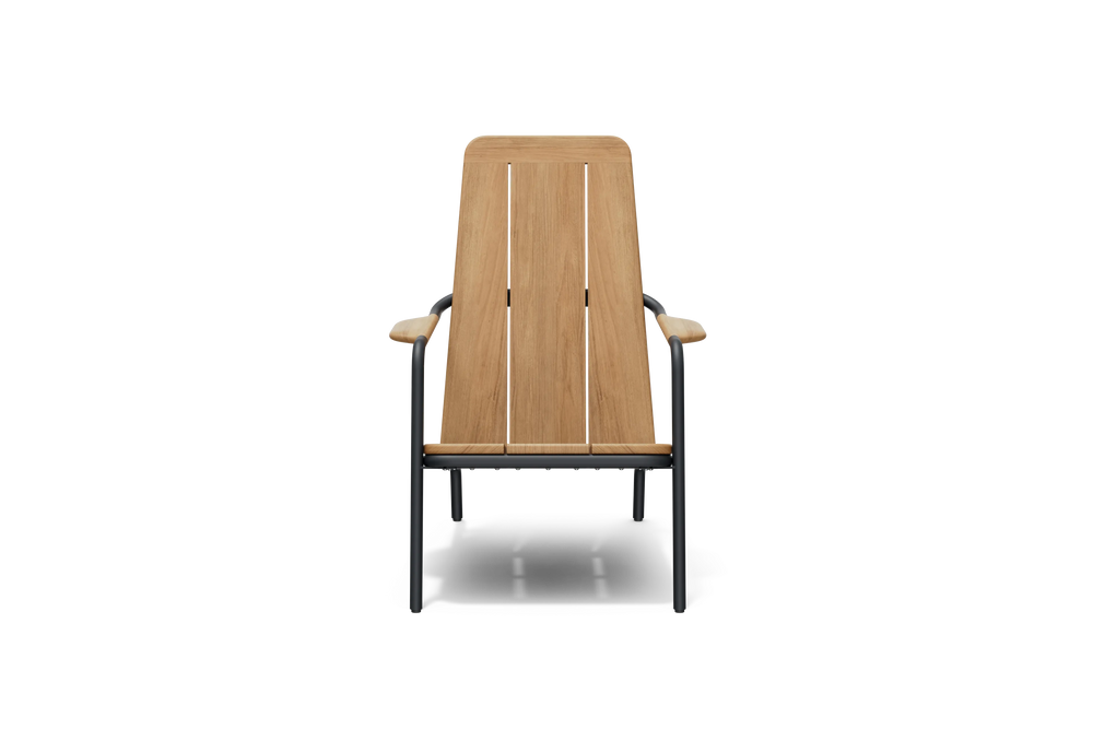 Neighbor Hopper Chair in charcoal finish with natural wood seat, front view with black metal frame on black background