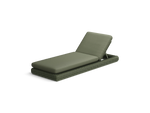 Neighbor Roundabout Sun Lounger with woven all-weather wicker base and a thick cushion, shown in articulated position with the backrest raised, cushion shown in olive green, three-quarter angle view.