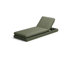 Neighbor Roundabout Sun Lounger with woven all-weather wicker base and a thick cushion, shown in articulated position with the backrest raised, cushion shown in olive green, three-quarter angle view.