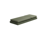 Neighbor Roundabout Sun Lounger with woven all-weather wicker base and a thick cushion, shown laid flat, cushion shown in olive green, three-quarter angle view.
