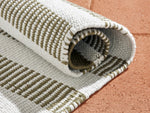 Neighbor Dune Rug in Basil, detail view of woven cream and sage striped pattern with rolled edge showing texture