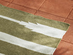 Neighbor Mesa Rug in Basil with olive and cream striped geometric pattern on terracotta tile patio surface