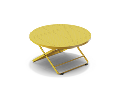 Neighbor Take Two Coffee Table, a round folding outdoor coffee table with a perforated steel top in bright yellow, three-quarter angle view.