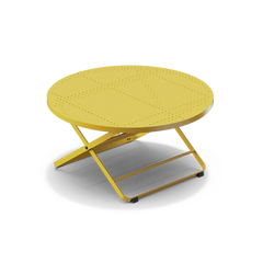 Neighbor Take Two Coffee Table, a round folding outdoor coffee table with a perforated steel top in bright yellow, three-quarter angle view.