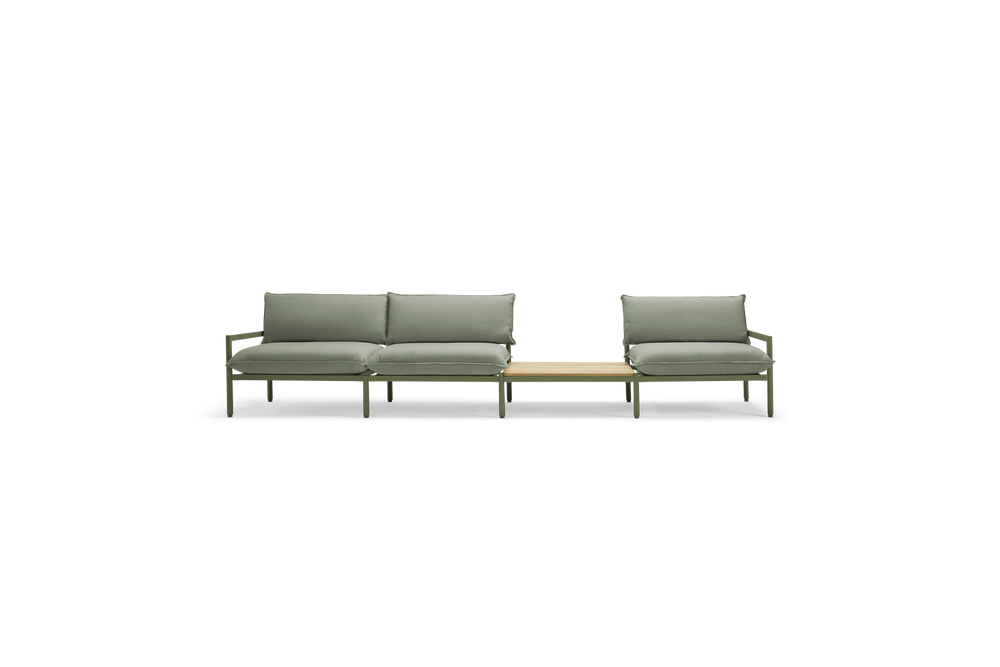 Terra Sofa with large In-line Table, in Olive, front view