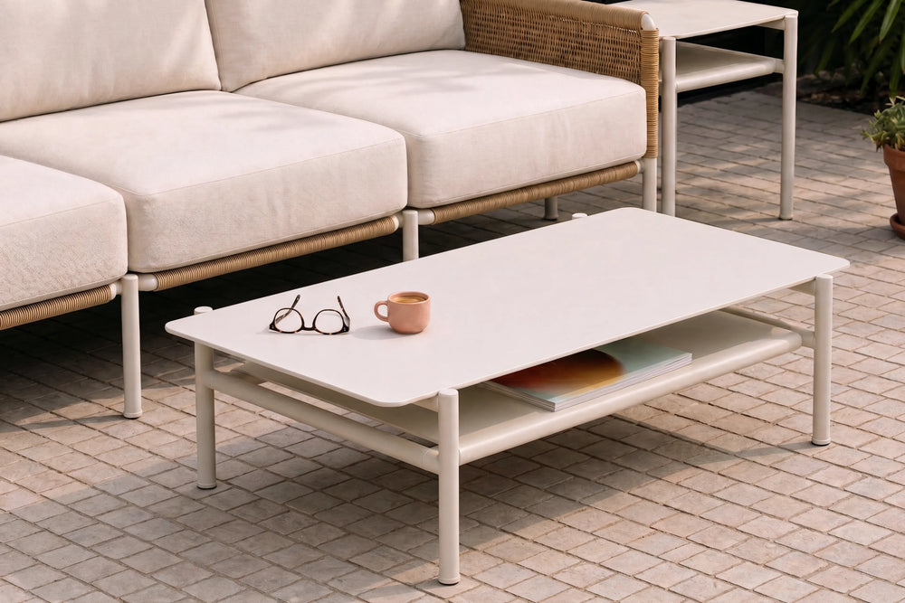 Neighbor Underline Coffee Table in off-white, showing its rounded-corner top, tubular legs and open lower storage shelf.