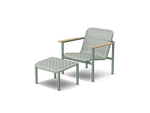 Neighbor Up-Down Chair shown together with the matching Up-Down Ottoman in juniper green-blue, three-quarter angle view.