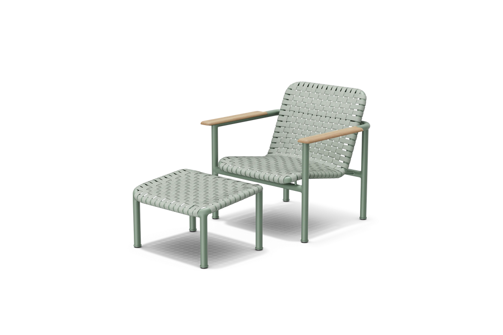 Neighbor Up-Down Chair shown together with the matching Up-Down Ottoman in juniper green-blue, three-quarter angle view.