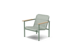 Neighbor Up-Down Chair, a woven-strap lounge chair on a powder-coated steel frame with natural wood armrests in juniper green-blue, three-quarter angle view.