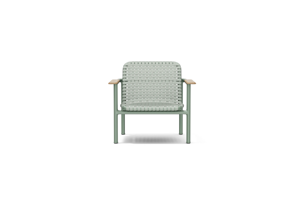 Neighbor Up-Down Chair, a woven-strap lounge chair on a powder-coated steel frame with natural wood armrests in juniper green-blue, front view.
