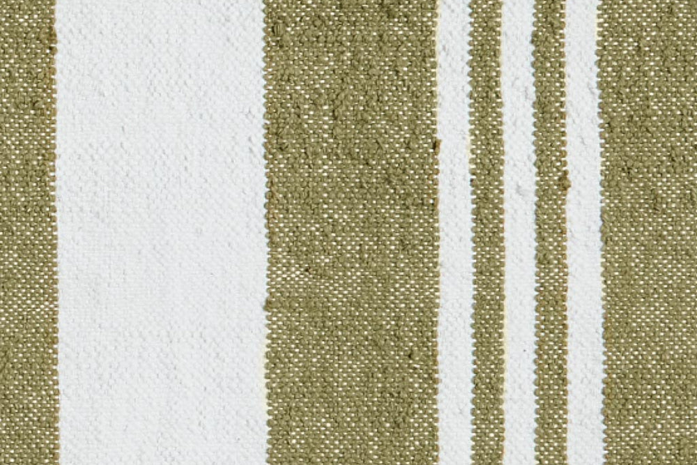 Close-up flat lay of Neighbor Mesa rug in hand-woven olive green and cream wide stripe texture