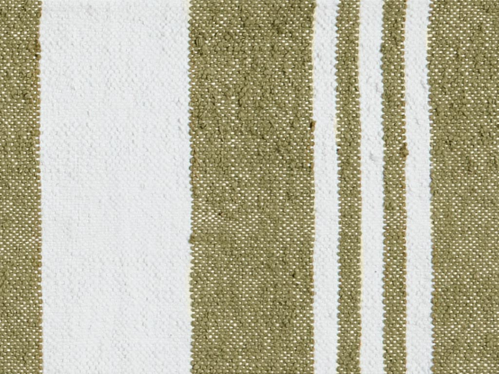 Close-up flat lay of Neighbor Mesa rug in hand-woven olive green and cream wide stripe texture