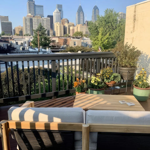 Customer photo - Neighbor teak chair with white cushion on a rooftop deck with potted flowers and Philadelphia city skyline in the background